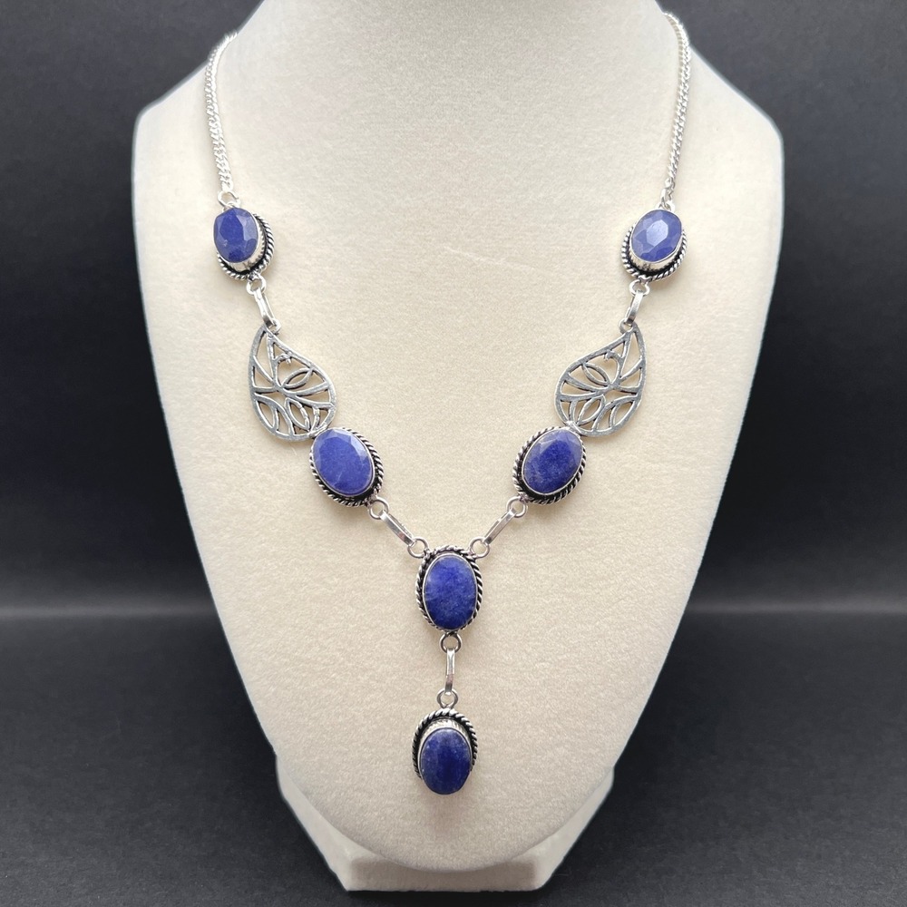 Openwork Boho Necklace Blue Stones Silver Filigree Leaf Witchy Fairy Whimsygoth